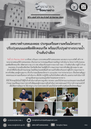 เทศบาลตำบลหนองหอย ประชุมเตรียมความพร้อมโครงการปรับปรุงถนนแอสฟัลท์ติกคอนกรีต พร้อมปรับปรุงฝารางระบายน้ำ บ้านสันป่าเลียง